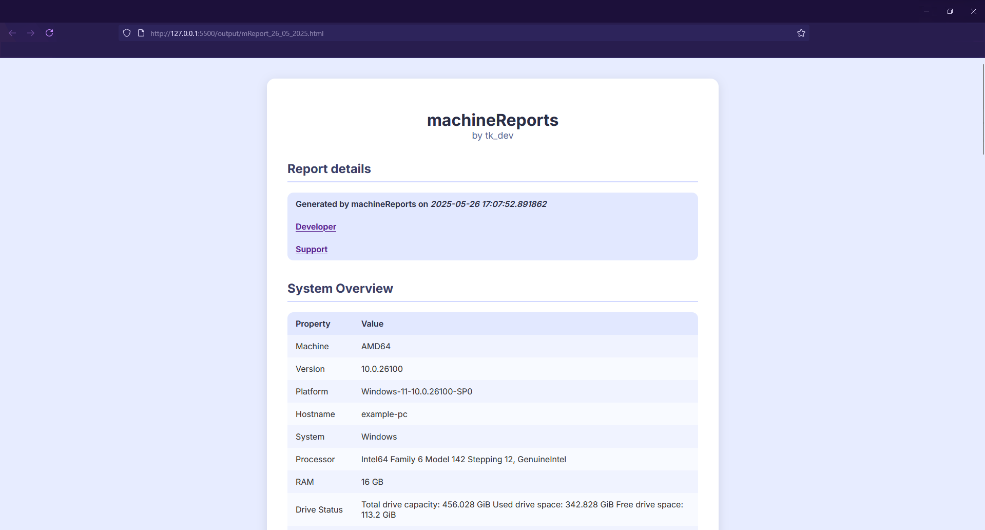 Screenshot of machineReports